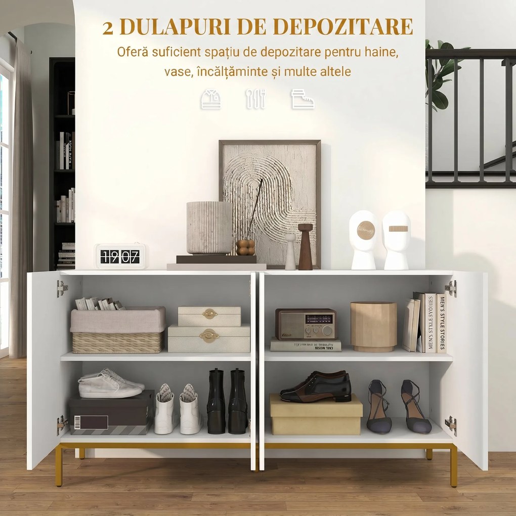 HOMCOM Bufet Modern pentru Living cu 4 Uși și Rafturi Reglabile, Închidere Moale, 140x40x75 cm, Alb | Aosom Romania