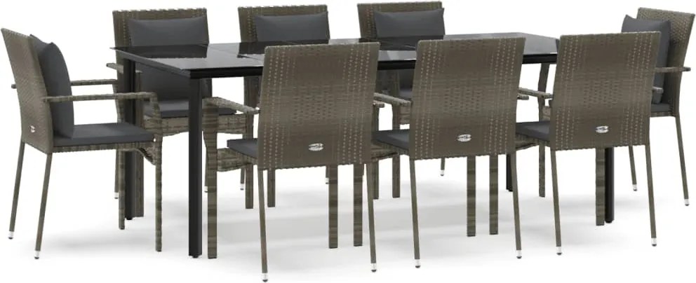 vidaXL Set mobilier de grădină cu perne, 9 piese, negru/gri, poliratan