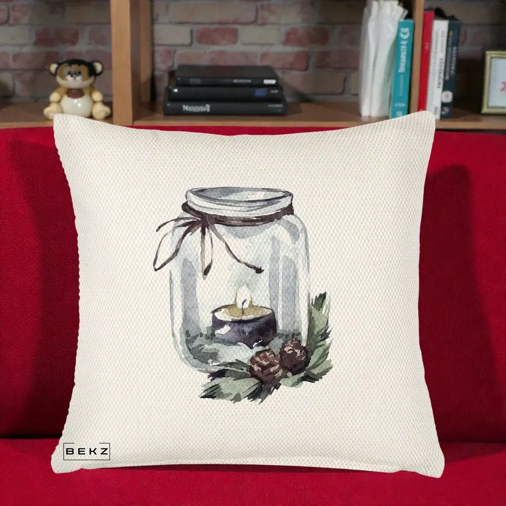 Perna Decorativa Felinar cu Lumanare si Conuri, 40x40 cm, Crem Reliefat, Husa Detasabila, Perna Inclusa, BEKZ®