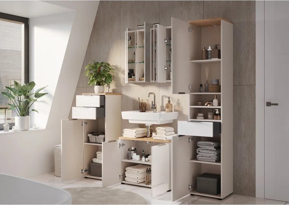 Dulap de baie crem înalt/îngust cu aspect lucios 39x190 cm Tavira – Germania