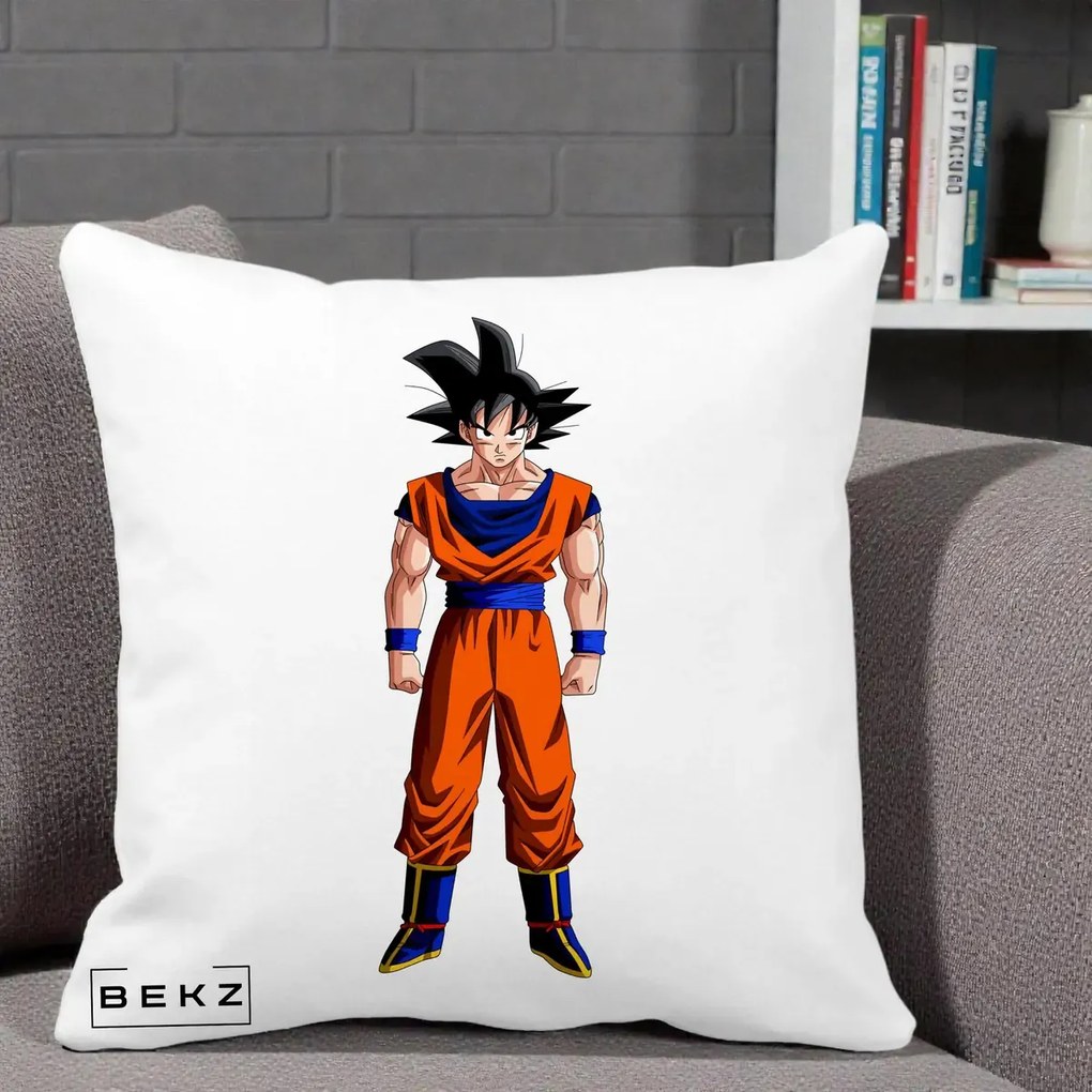 Perna Personalizata Dragon Ball Goku Complet in Gi Portocaliu, 40x40 cm, Alba Mata, Husa Detasabila, Perna Inclusa, BEKZ®