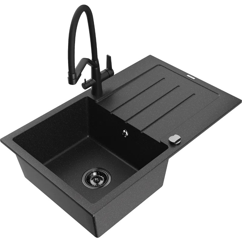 Mexen Bruno chiuvetă de granit cu 1 cuvă cu picurător și baterie de bucătărie Duo, metalic negru/argintiu