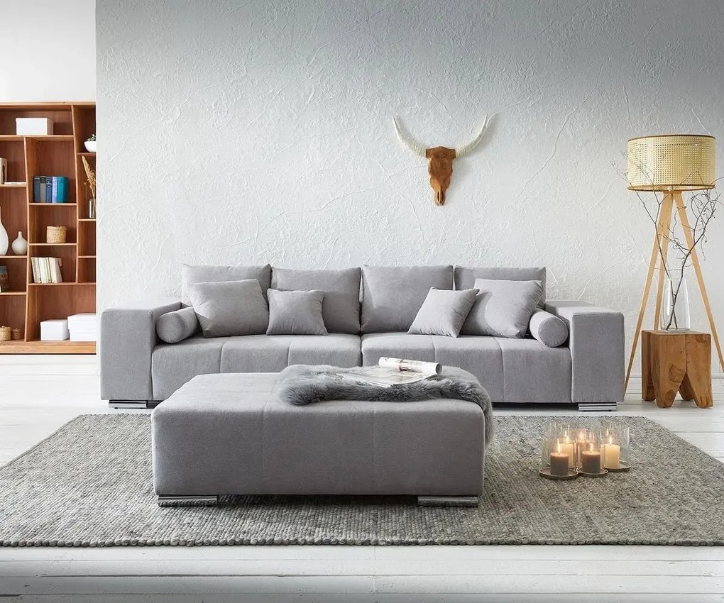 Canapea extensibilă dumonde cu ladă de depozitare si sezut confortabil din spuma high-density, Marbela Enjoy Silver XXL 295x100 cm cu taburet inclus