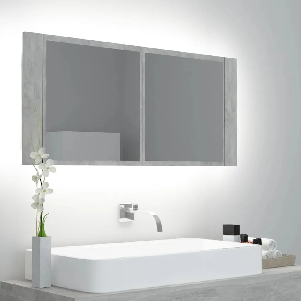 vidaXL Dulap de baie cu oglindă &amp; LED, gri beton, 100x12x45 cm acril
