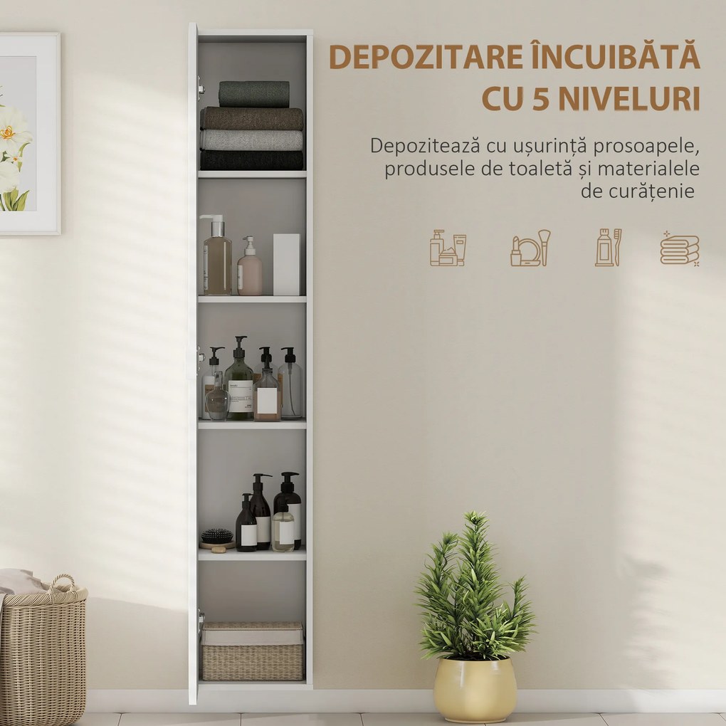 HOMCOM Dulap de Baie Suspendat Coloană cu Rafturi Reglabile și Închidere Soft Close, 30x31.5x160 cm, Alb | Aosom Romania