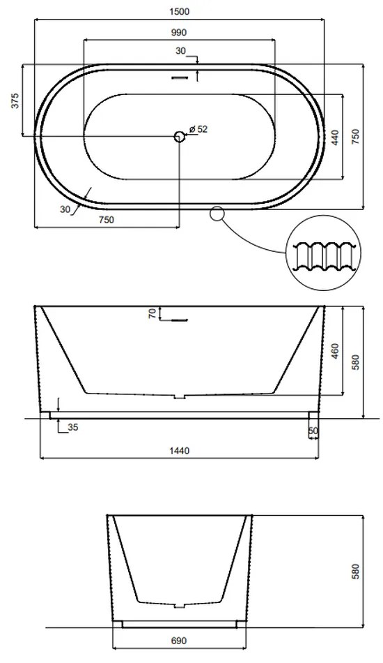 Cada baie freestanding, ovala, alba, 3D, Besco Giuliana, 150x75 cm 1500x750 mm