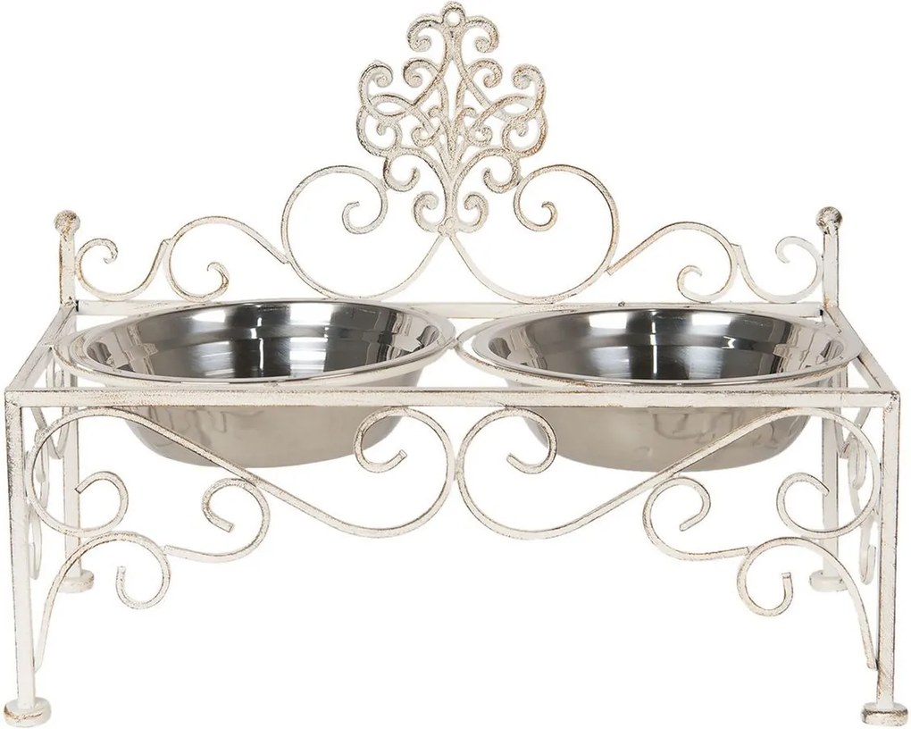 Boluri hranire animale din inox cu suport fier alb antichizat 41 cm x 22 cm x 31 h / 2 x 0.5 L