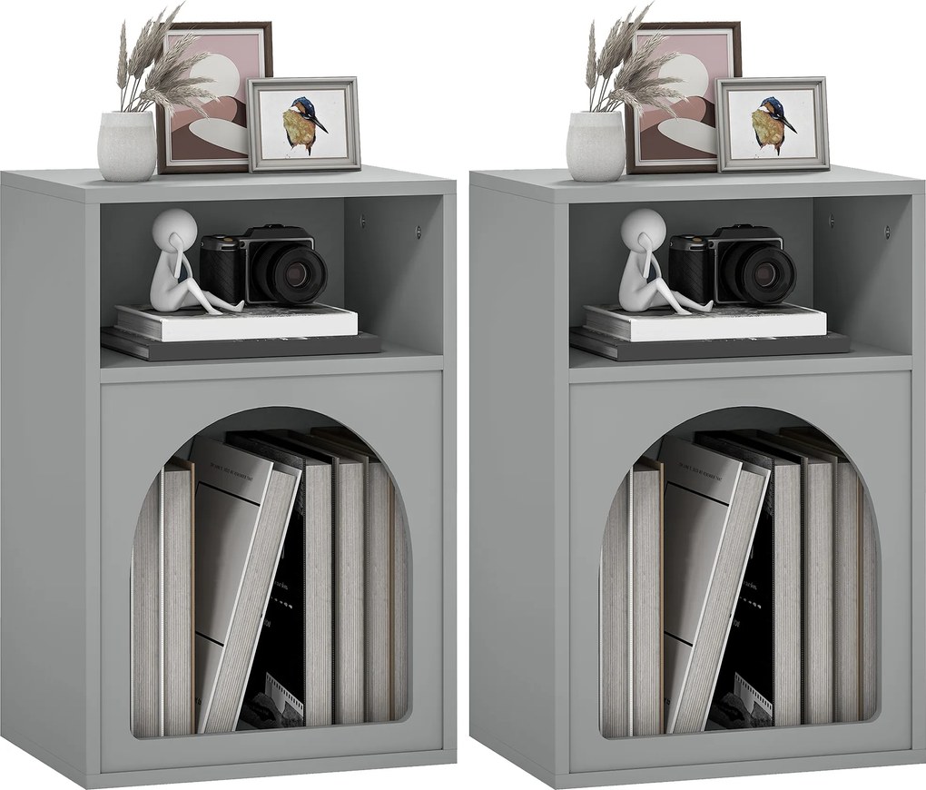 HOMCOM Set de 2 noptiere, noptieră cu compartimente deschise, design arcuat, 40 x 30 x 60 cm, gri | Aosom Romania