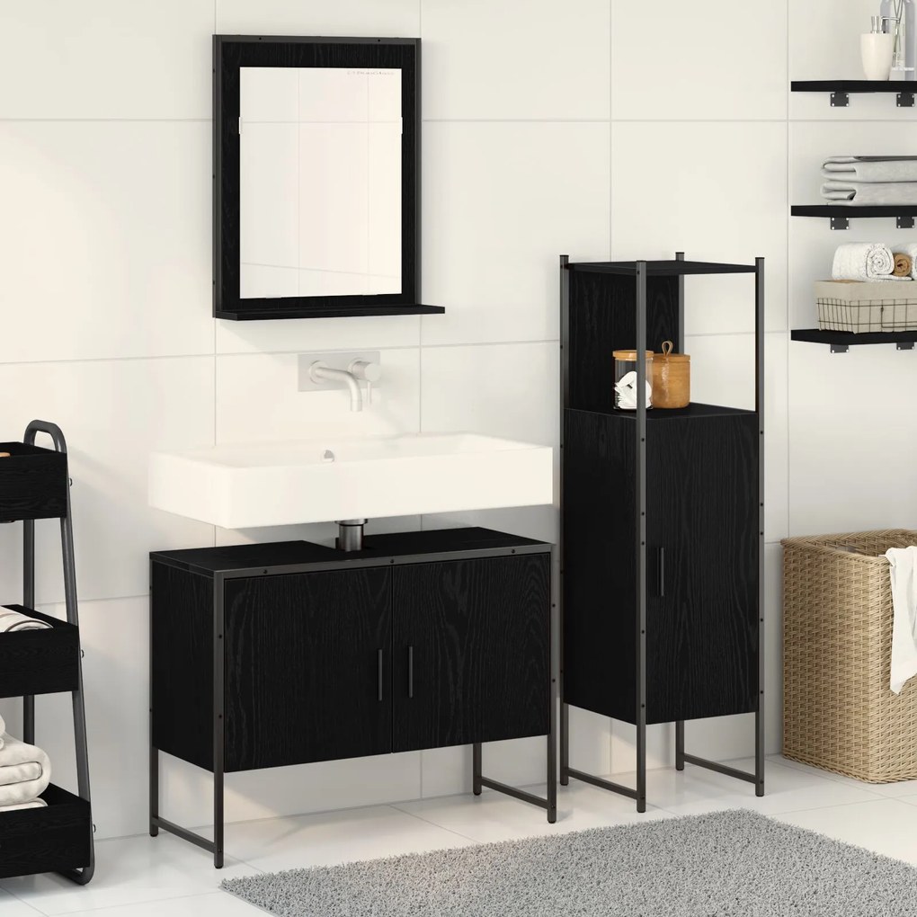 vidaXL Set de Mobilier pentru Baie 3 Piese Negru Stejar Lemn Prelucrat