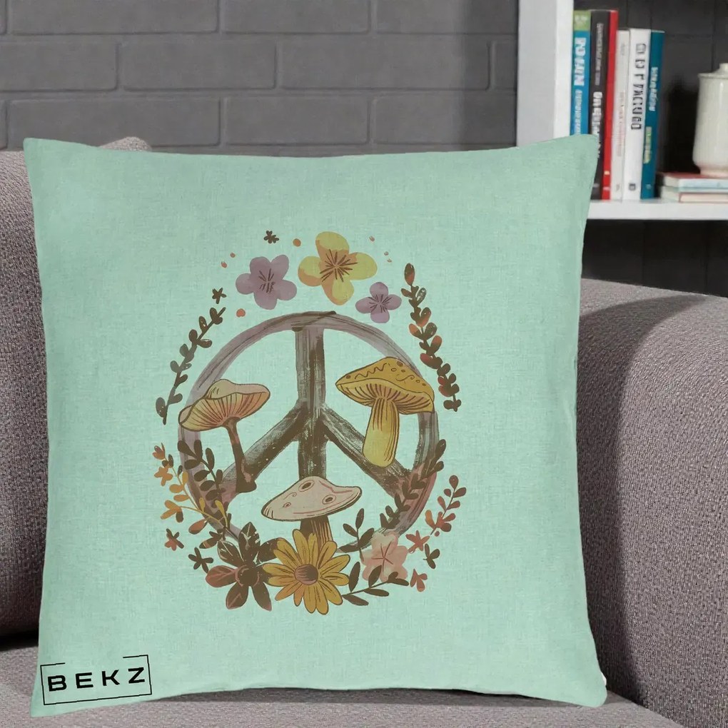Perna Decorativa Peace Sign Ciuperci Floral, 40x40 cm, Verde Menta, Husa Detasabila, Perna Inclusa, BEKZ®