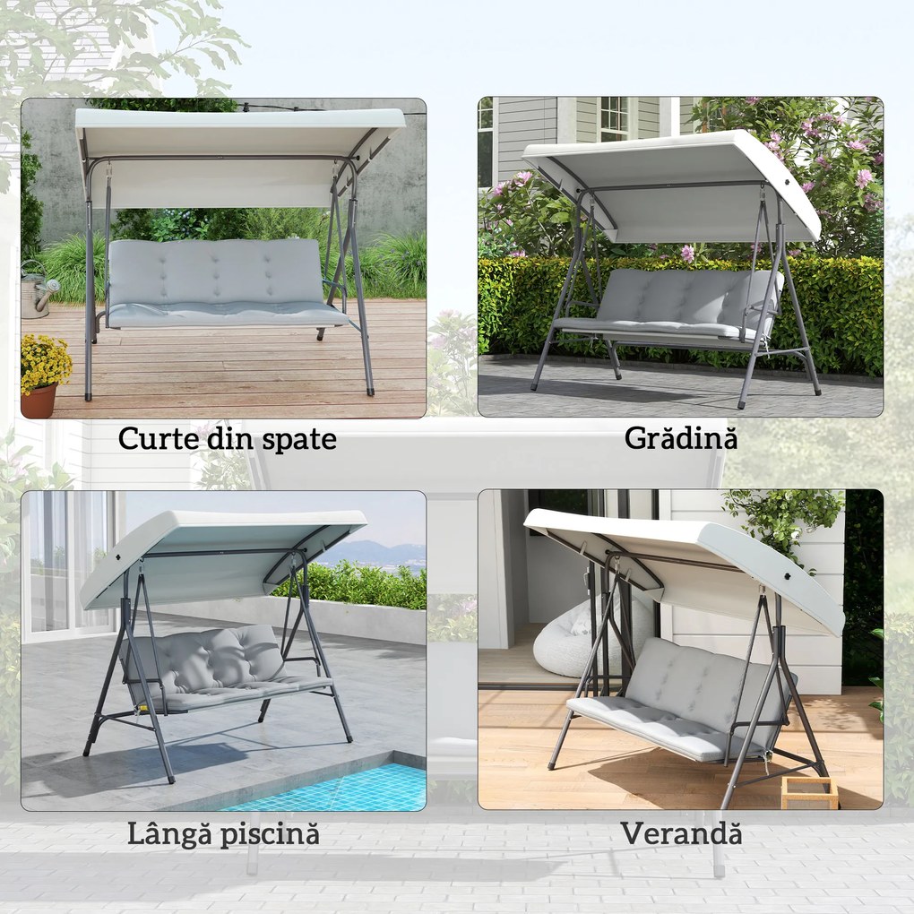 Outsunny Balansoar de Grădină 3 Locuri cu Parasolar Reglabil, Balansoar pentru Exterior cu Perne Căptușite din Poliester și Cadru din Oțel, Capacitate 210 kg, 172x110x156 cm, Gri Deschis | Aosom Romania