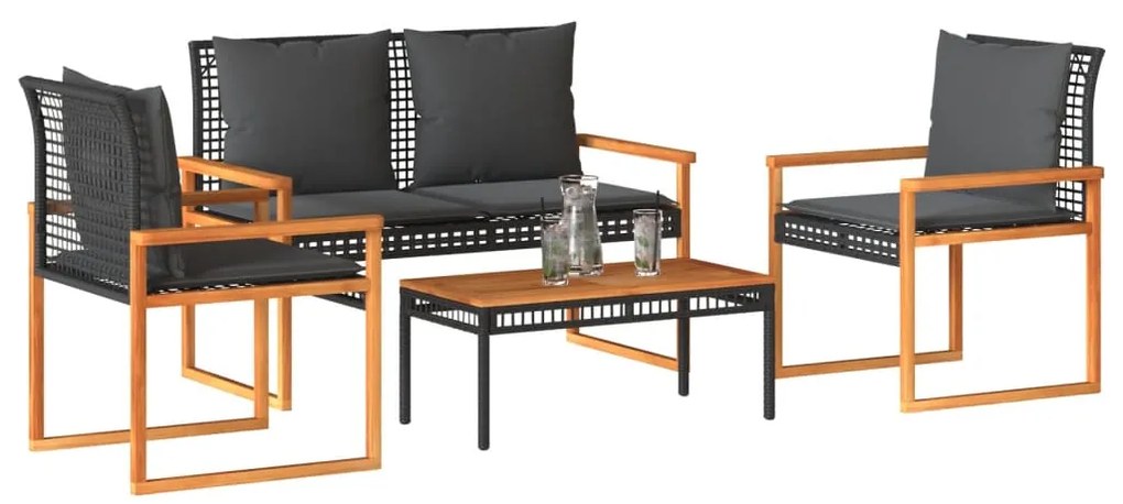 vidaXL Set mobilier relaxare grădină 4 piese cu perne poliratan negru