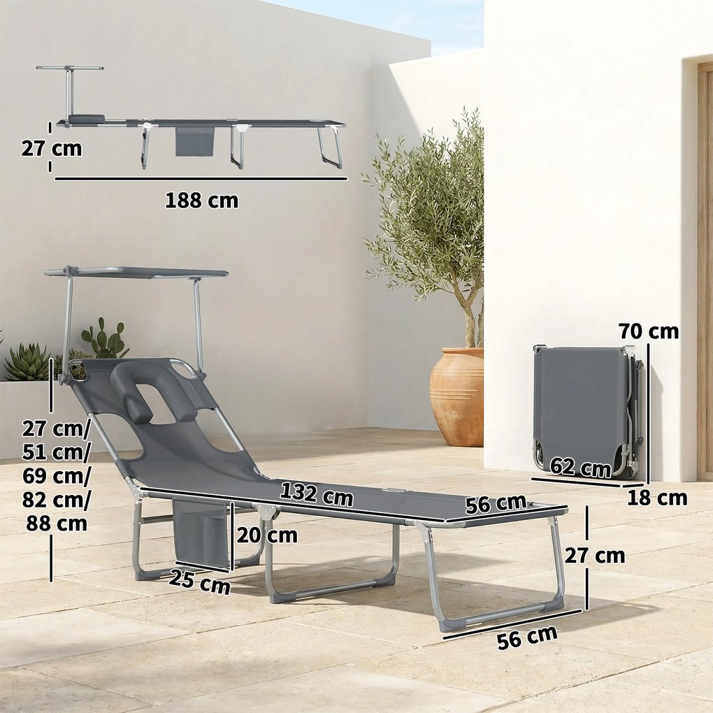Outsunny Set de 2 șezlonguri pliante reclinabile cu copertină 360°, orificiu facial, buzunar lateral și Textilene 550 g/m² Gri | Aosom Romania