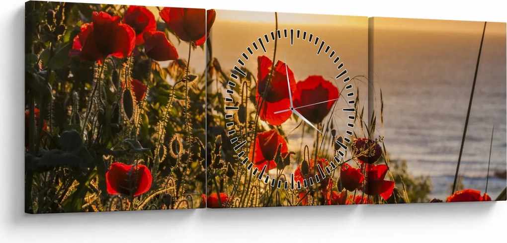 Tablou cu apus de soare cu flori de maci (cu ceas) (90x30 cm)