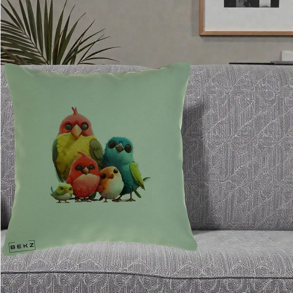 Perna Decorativa Familie de Pasarele Colorate, 40x40 cm, Verde, Husa Detasabila, Perna Inclusa, BEKZ®