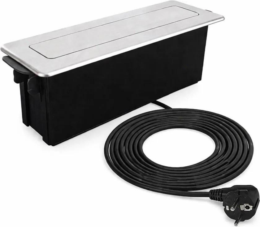 Priza incorporabila in blat Hop Box Design Light, 3 prize Schuko, USB A + C, otel inoxidabil periat   negru, 273 x 93 mm Metal Plastic, Otel