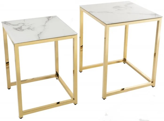 Neînvins Măsuță laterală Elegance set de 2 într-un cadru alb, auriu, cu aspect de marmură