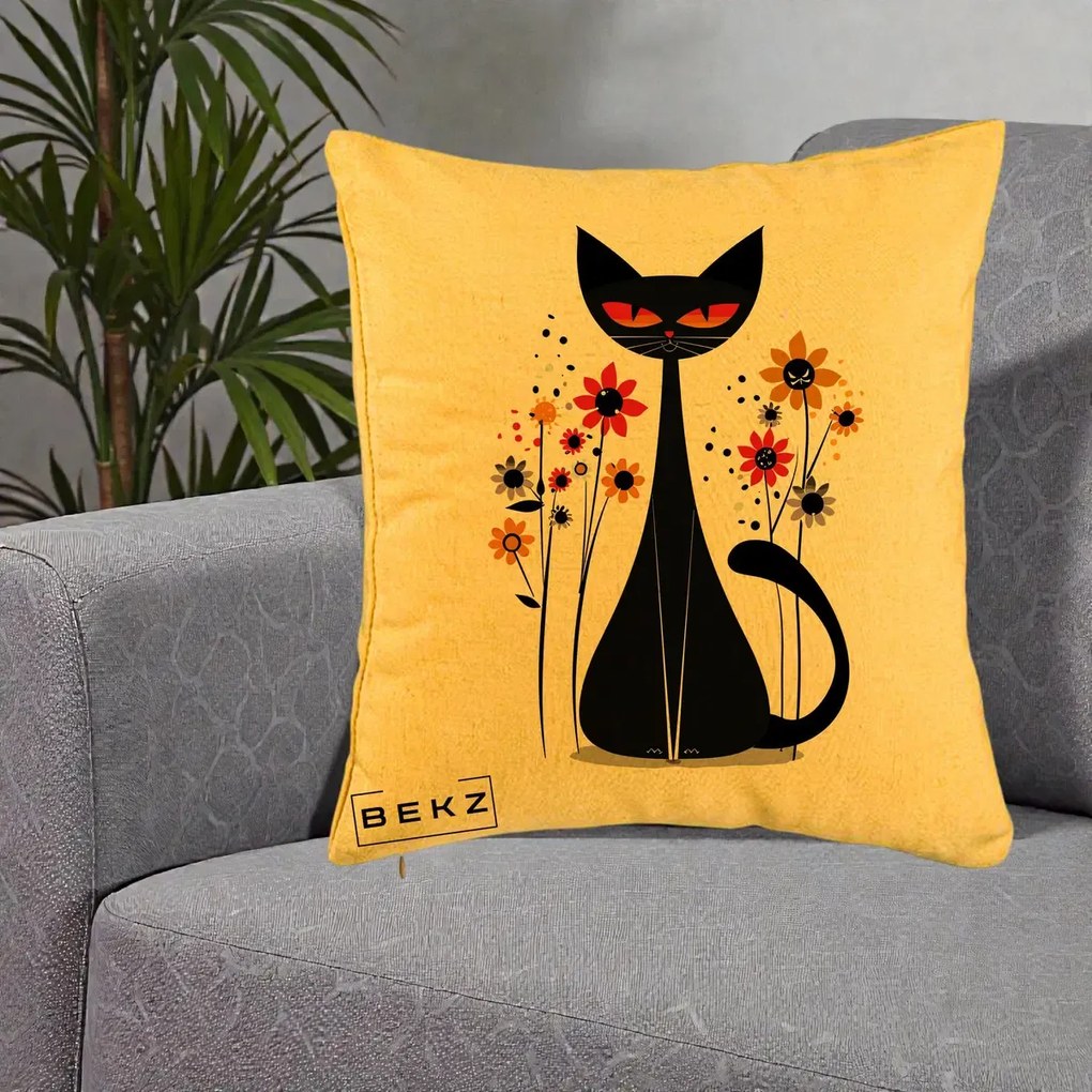 Perna Decorativa Pisica Neagra Ochi Rosii Flori, 40x40 cm, Galben, Husa Detasabila, Perna Inclusa, BEKZ®