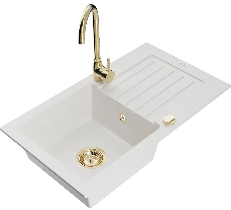 Mexen Pablo chiuvetă de granit cu 1 compartiment cu scurgător și baterie de bucătărie Telma, alb - 6510-20-670200-50