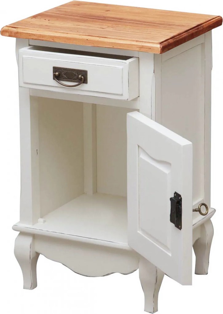 Noptiera, L46 36 H70 cm, alb antichizat natur, lemn masiv