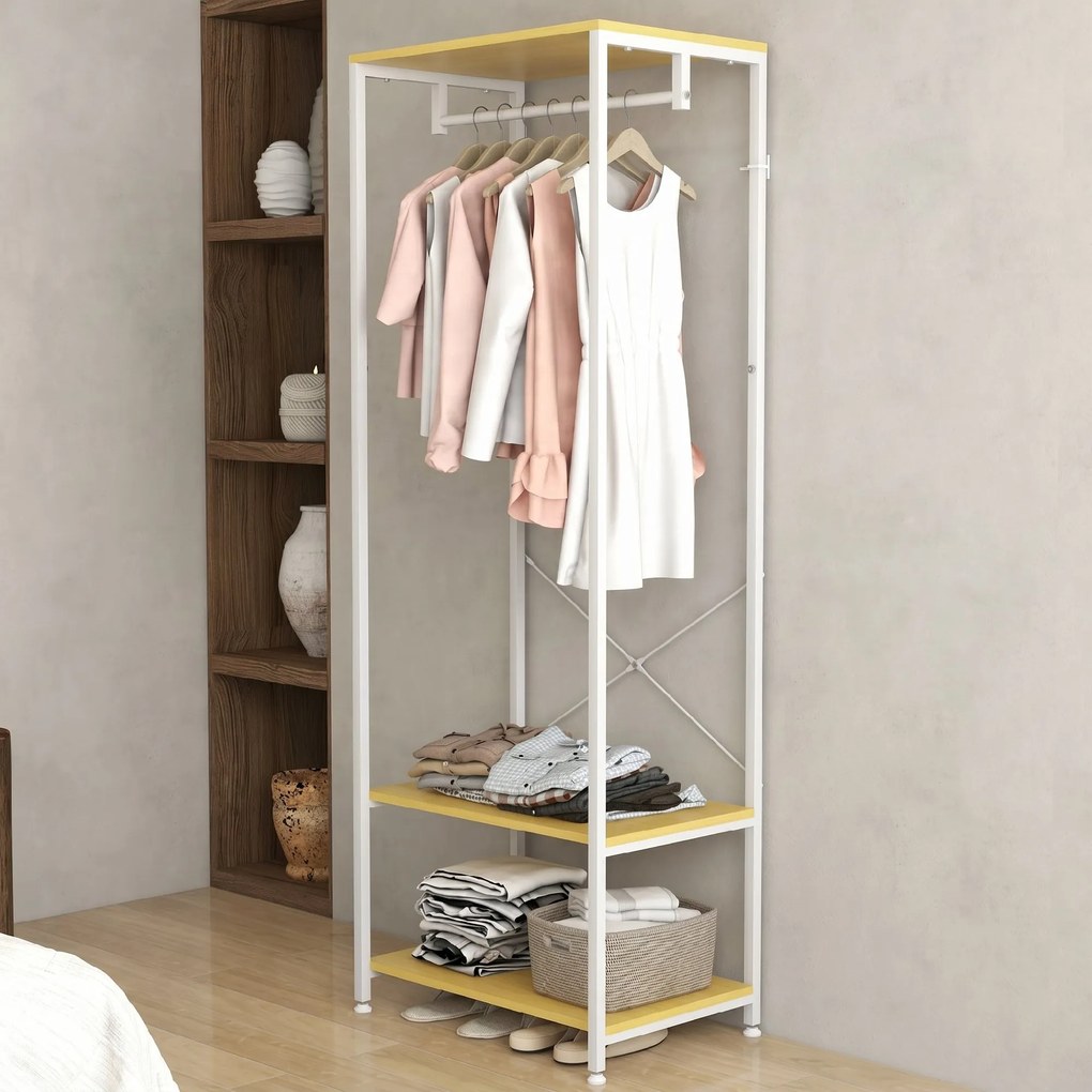 HOMCOM Suport 2 în 1 pentru Haine cu Depozitare Pantofi, Șină Suspendată și 2 Rafturi de Depozitare, 60x40x167.5 cm, Natural | Aosom Romania