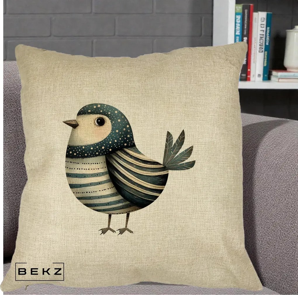 Perna Decorativa Pasare Teal Decorativa Dungata, 40x40 cm, Crem, Husa Detasabila, Perna Inclusa, BEKZ®