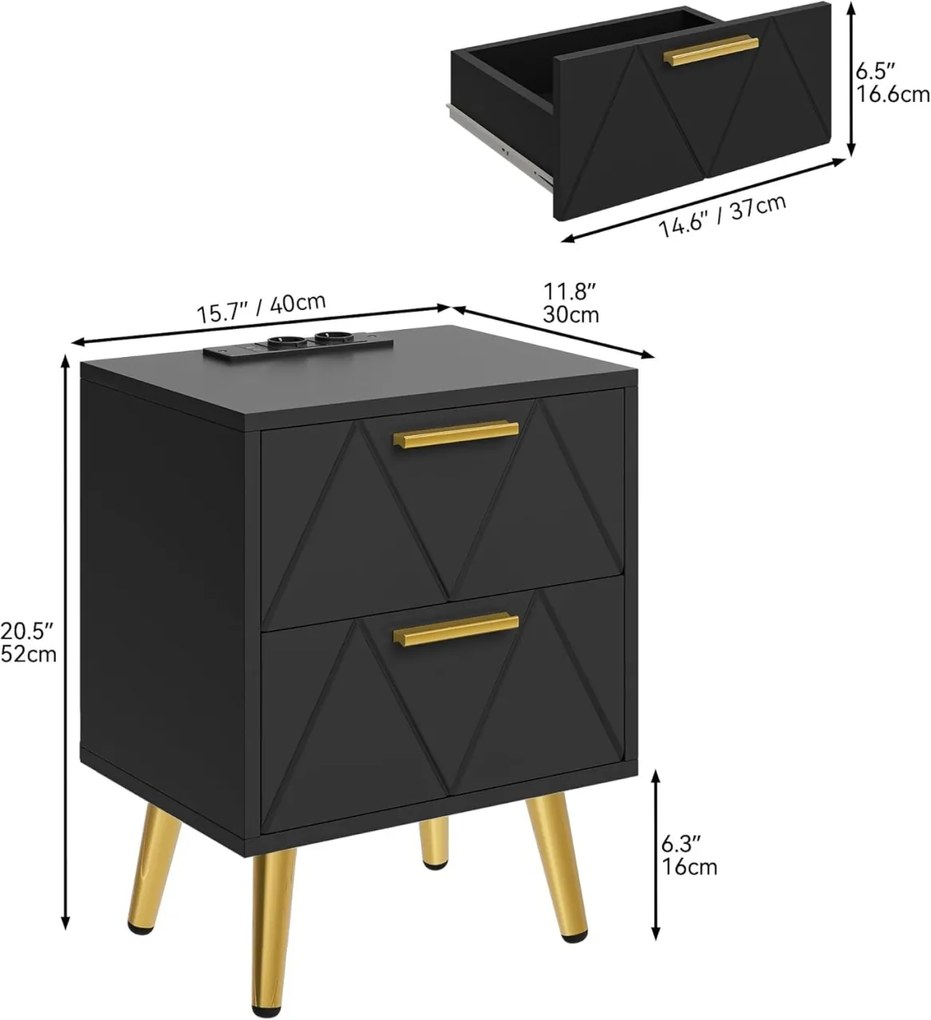 NON17 - Set 2 Noptiere negre, 40 cm, cu 2 sertare, Priza si USB, dormitor - Negru - Auriu