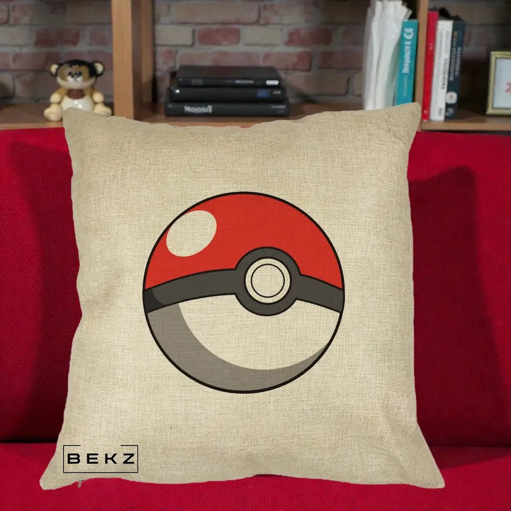 Perna Personalizata Pokeball Rosie, 40x40 cm, Crem, Husa Detasabila, Perna Inclusa, BEKZ®