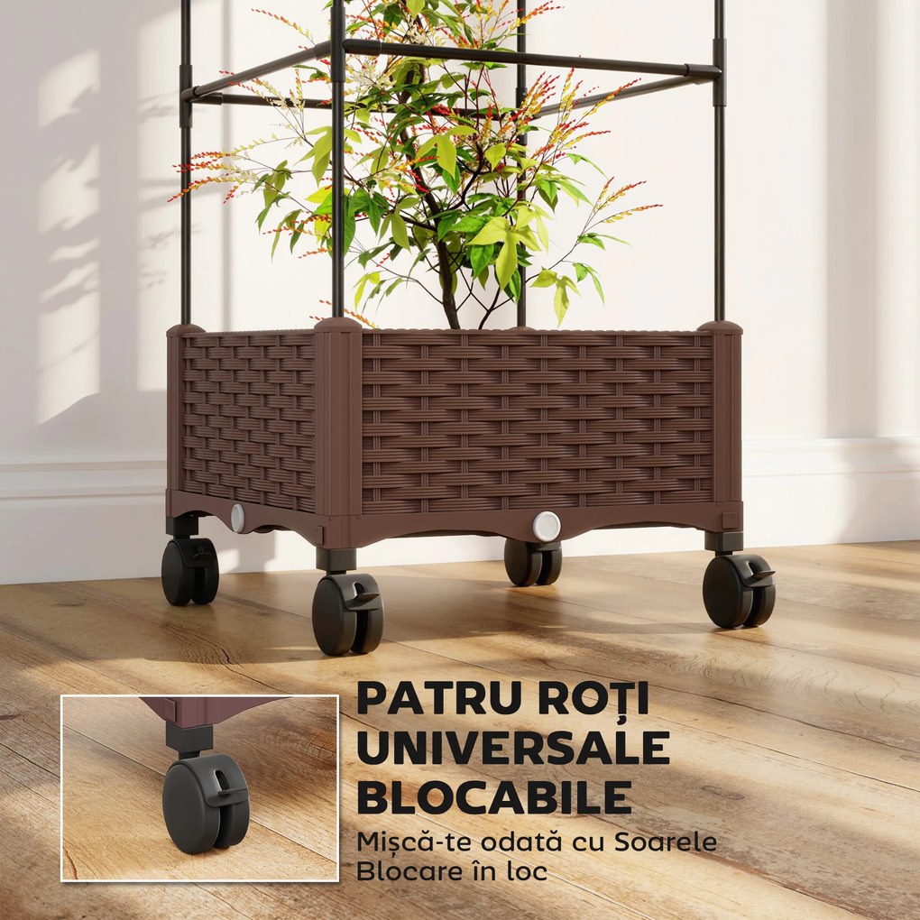 Outsunny Jardinieră Înălțată cu Spalier 20L, Pat de Grădină Înălțat pentru Exterior cu Roți Blocabile, Sistem de Autoirigare, Orificii de Drenaj pentru Plante Cățărătoare, Legume și Flori, Maro | Aosom Romania