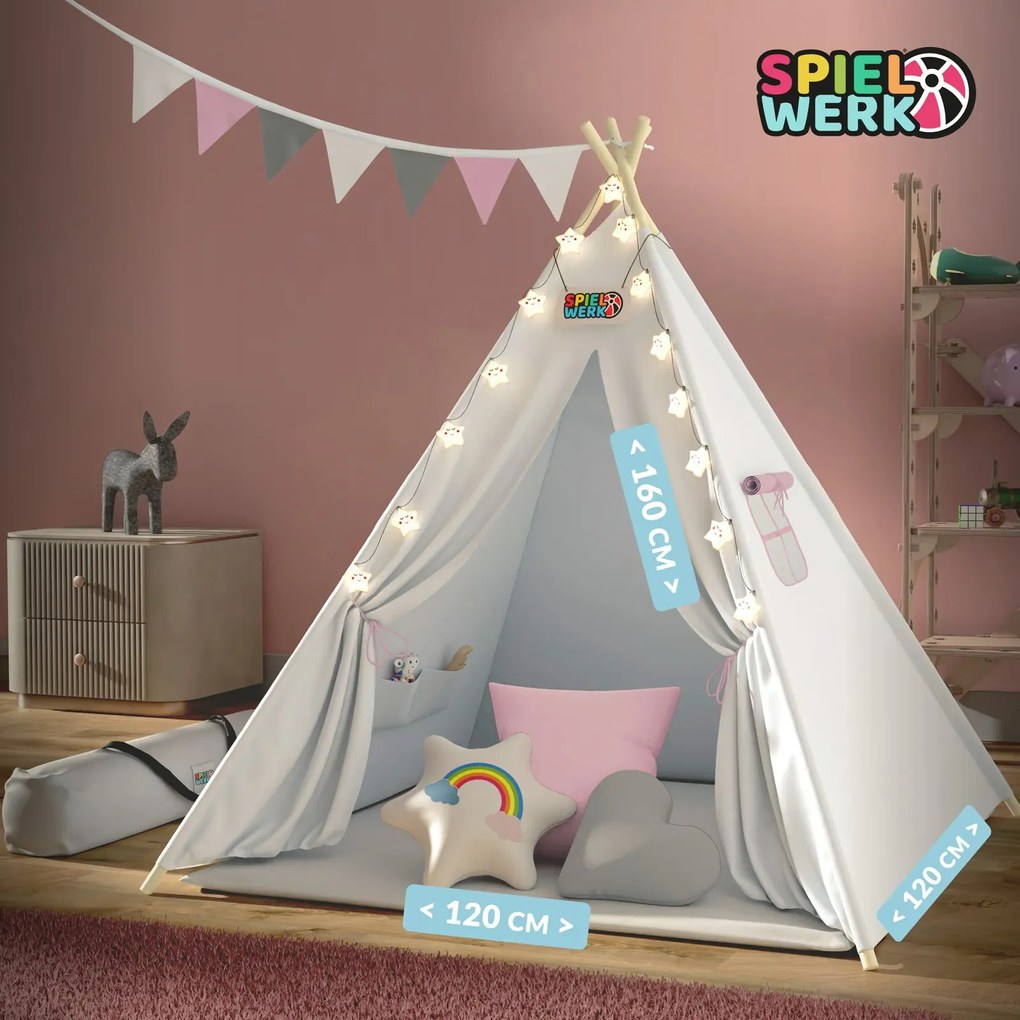 Cort tip teepee pentru copii JULIA, 160x120x120cm, bej/roz Spielwerk