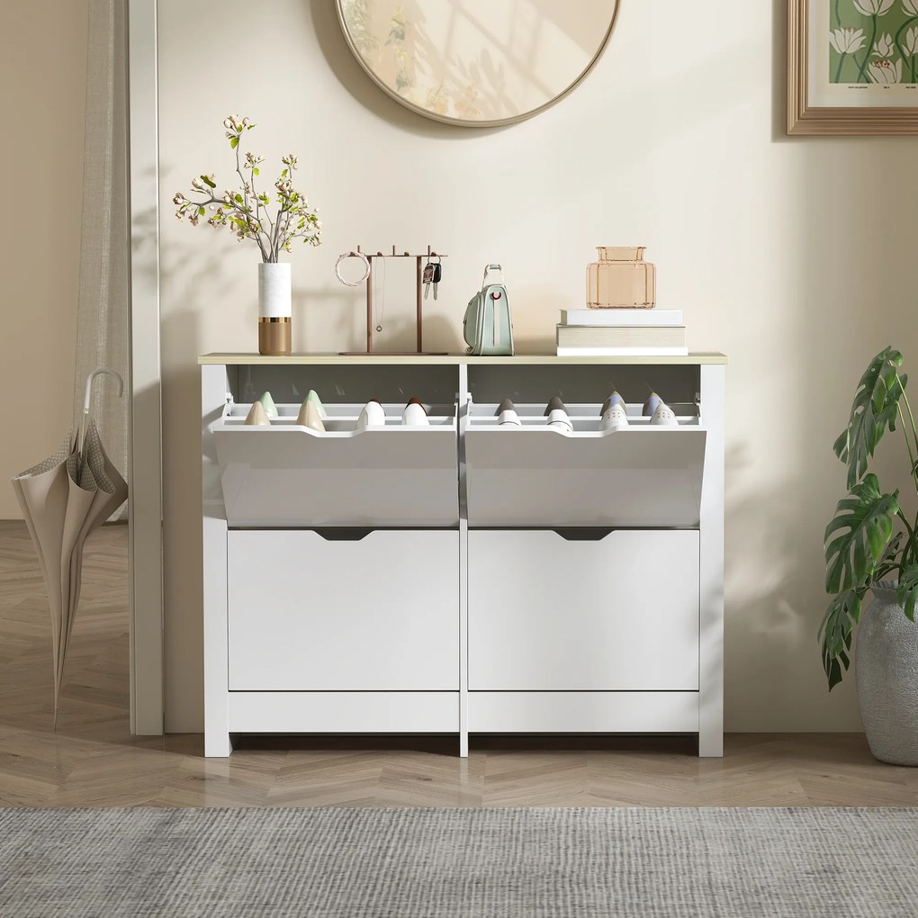 HOMCOM Dulap pentru pantofi 16 perechi, dulap îngust pentru pantofi cu 4 sertare rabatabile și rafturi reglabile, stil modern, pentru hol, intrare, 105 x 26 x 80 cm, alb și stejar | Aosom Romania