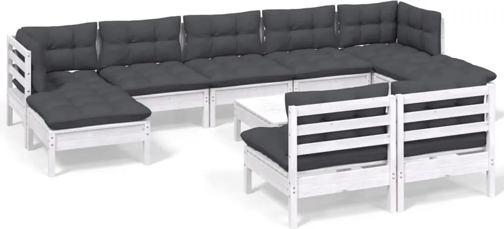 vidaXL Set mobilier de grădină cu perne, 10 piese, alb, llemn de pin
