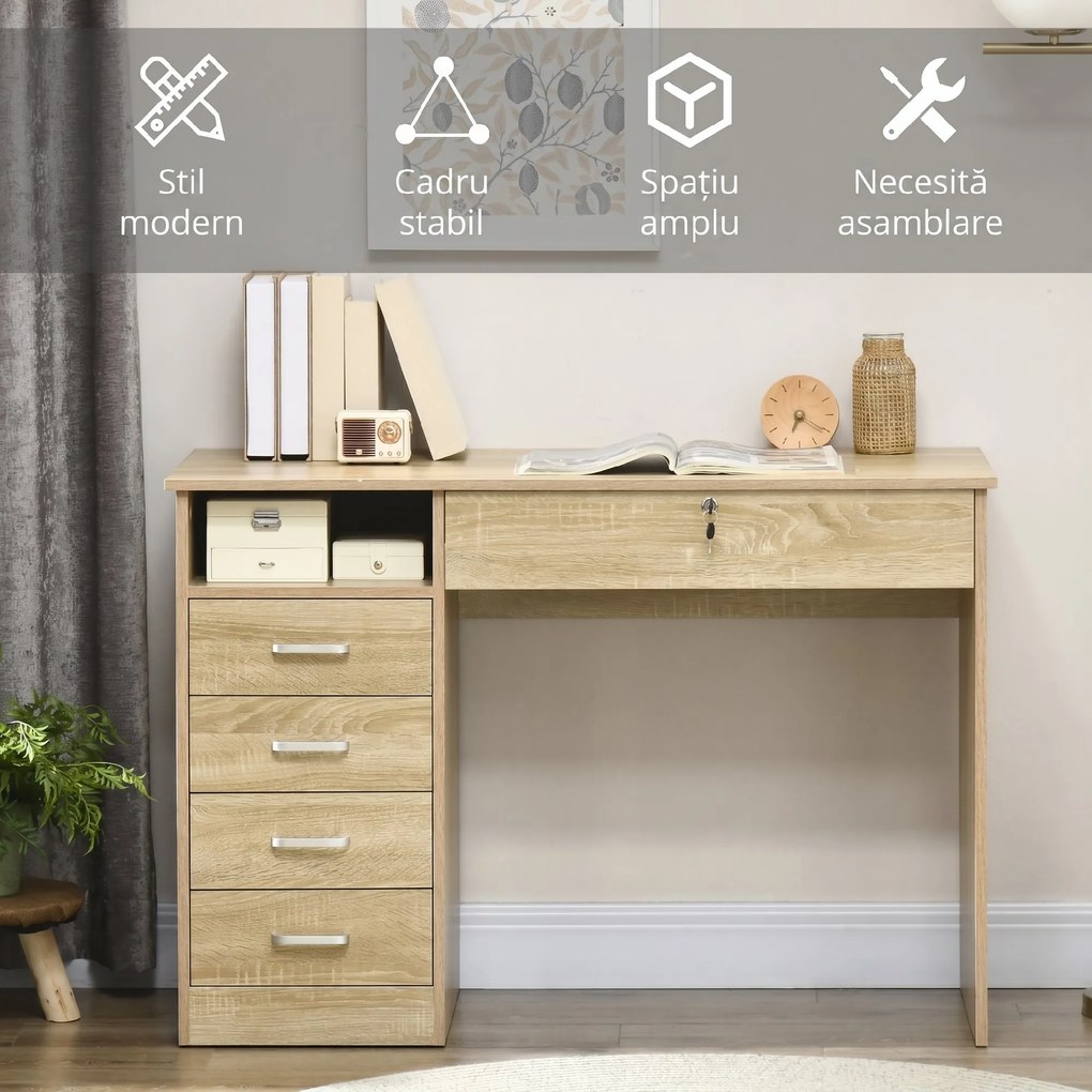 HOMCOM Birou Cameră sau Office Lemn cu 2 Sertare și 2 Chei, 110x50x76 cm, Stejar | Aosom Romania