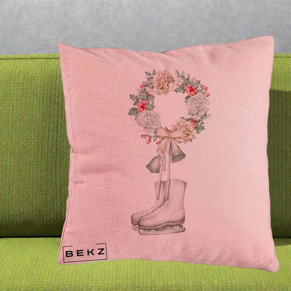 Perna Decorativa Patine cu Coroana Florala de Craciun, 40x40 cm, Roz, Husa Detasabila, Perna Inclusa, BEKZ®
