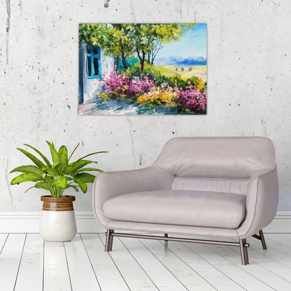 Tablou pe sticlă - Grădina din fața casei, pictură în ulei (70x50 cm)