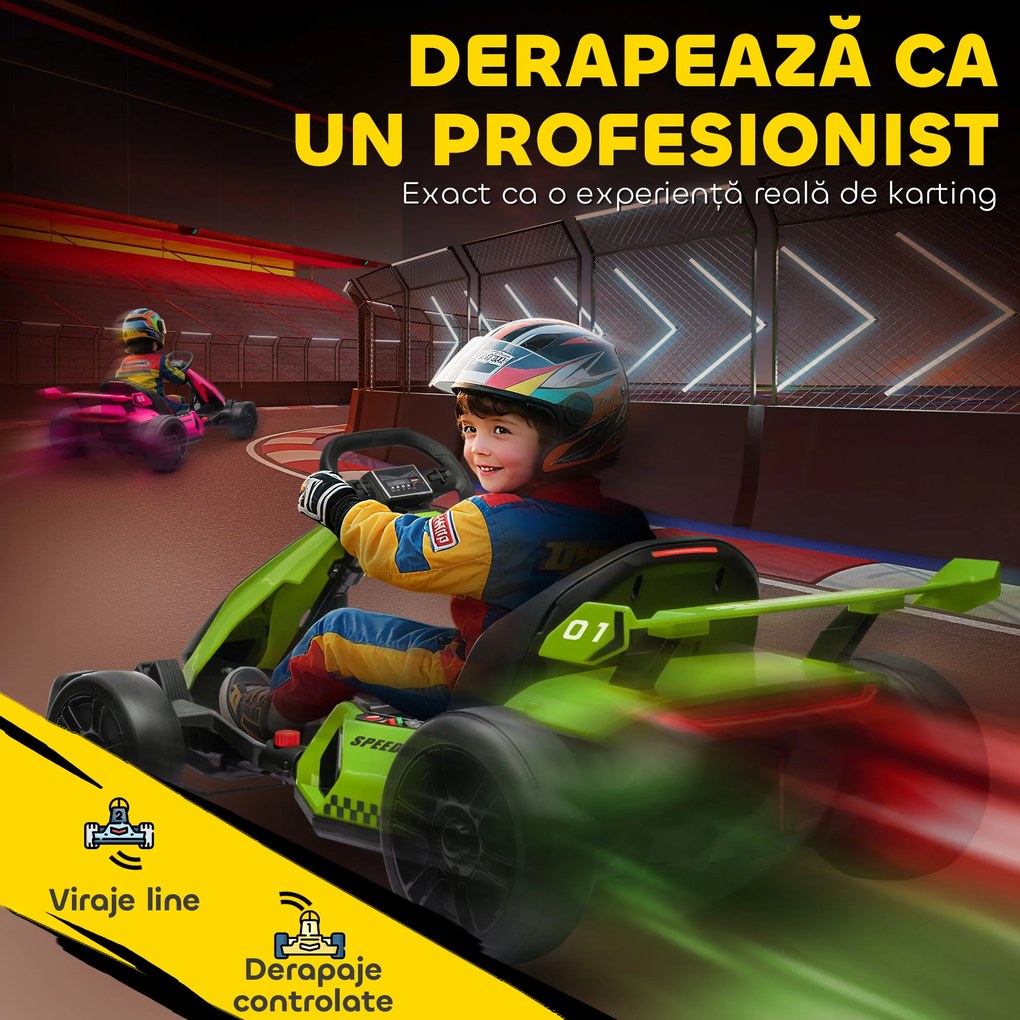 HOMCOM Go Kart Electric pentru Copii cu Scaun Reglabil, 2 Motoare, Claxon, Lumini și Muzică, 120x76x53,5 cm, Verde | Aosom Romania