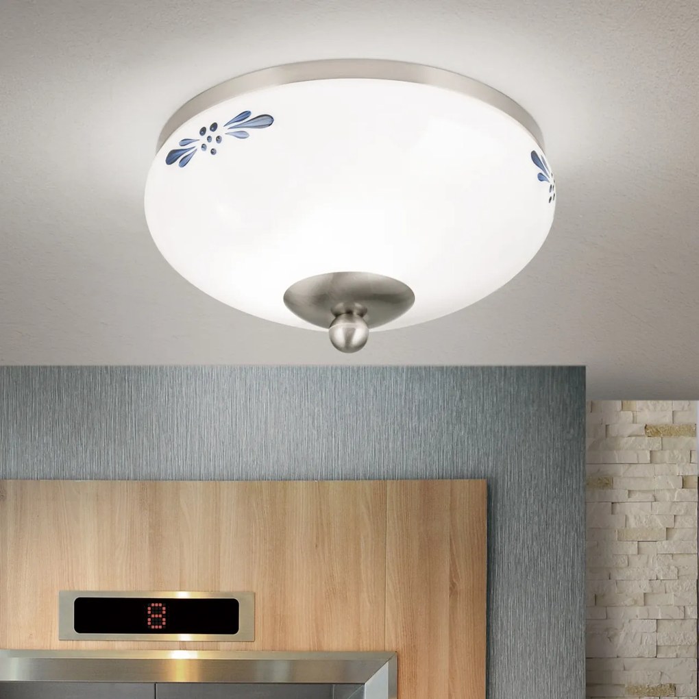 Plafoniera clasica Landhaus 21cm crom satin/ sticla opal decor albastru