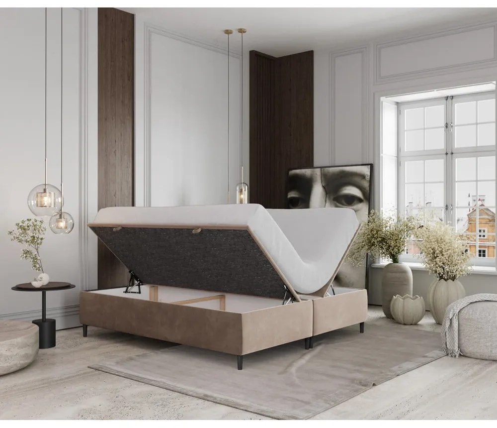 Pat matrimonial bej tapițat cu spațiu de depozitare 160x200 cm Tate – Maison de Rêve