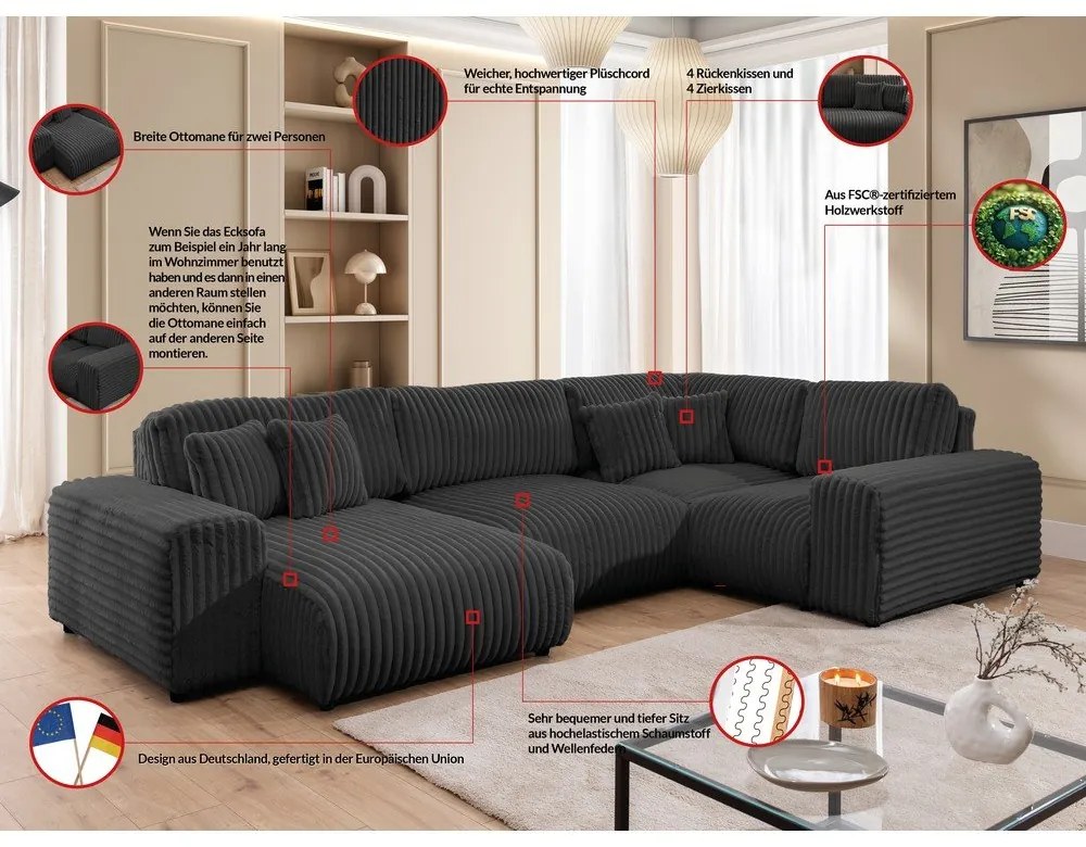 Colțar gri închis cu tapițerie din catifea reiată (cu colț pe partea dreaptă/în formă de "U") Justin – Ropez