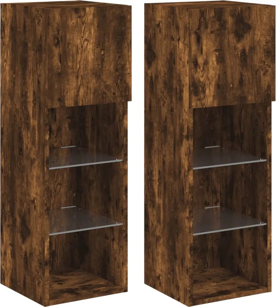 vidaXL Comode TV cu lumini LED, 2 buc., stejar fumuriu, 30,5x30x90 cm