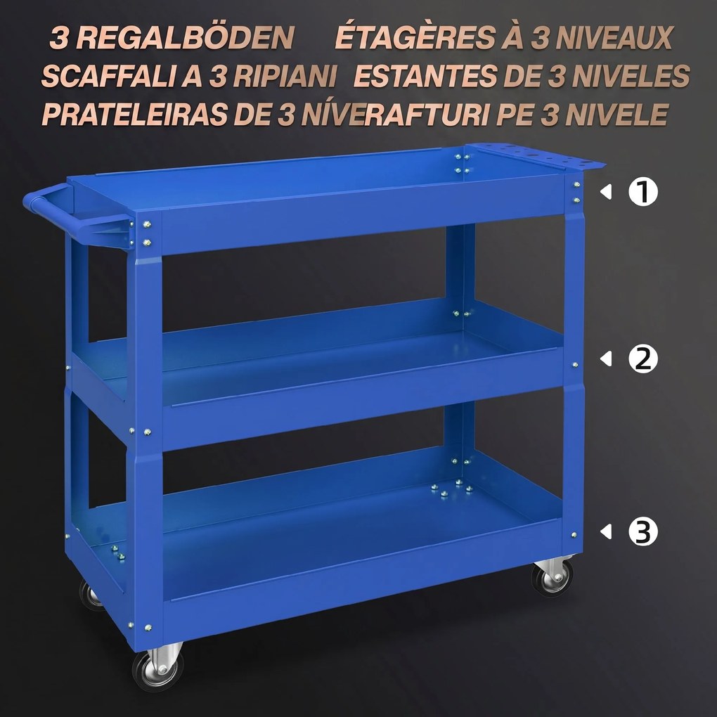DURHAND Cărucior pentru Scule cu 3 Niveluri din Oțel cu Margini Înalte și 4 Roți Pivotante, 83 x 35.3 x 76 cm, Albastru | Aosom Romania