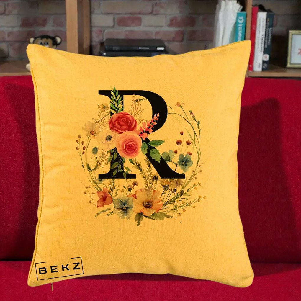 Cadou Personalizat - Perna Personalizata Monogram Litera R cu Flori Acuarela, 40x40 cm, Galben, Husa Detasabila, Perna Inclusa, BEKZ®