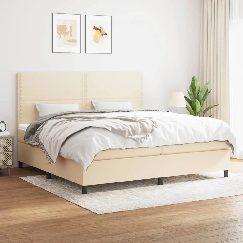 vidaXL Pat box spring cu saltea, crem, 200x200 cm, textil