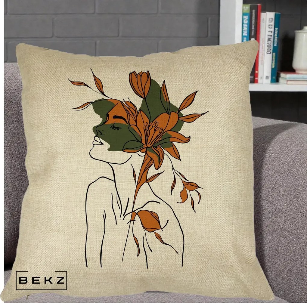 Perna Decorativa Portret Feminin Crin Auriu, 40x40 cm, Crem, Husa Detasabila, Perna Inclusa, BEKZ®