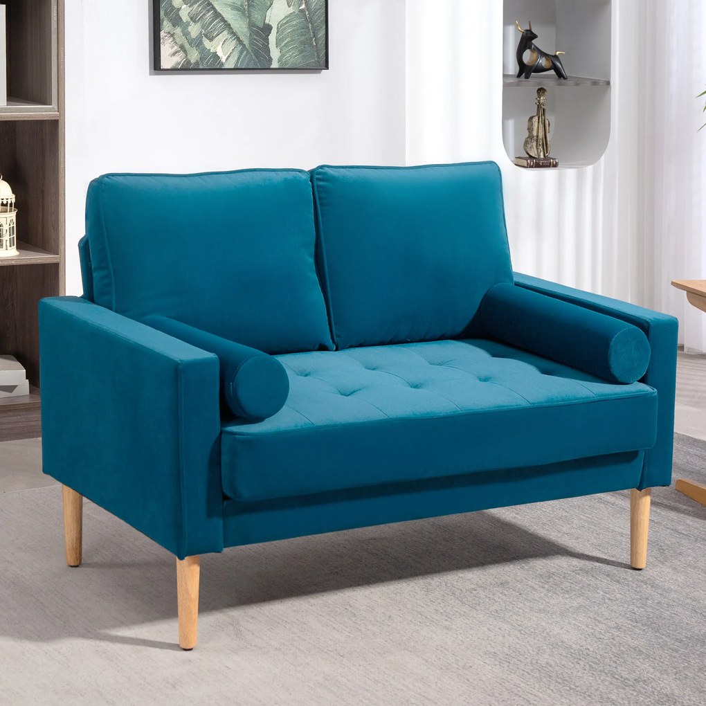 HOMCOM Canapea 2 locuri modernă din catifea de 127 cm cu perne groase, 2 perne și șezut capitonat, albastru | Aosom Romania