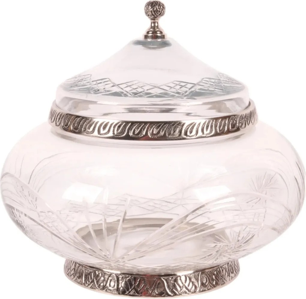 Bombonieră din sticlă gravată și aluminiu, argintie, cu capac, aspect vintage, finisaj antichizat, 21 x 26 cm, „Bonbonnière”