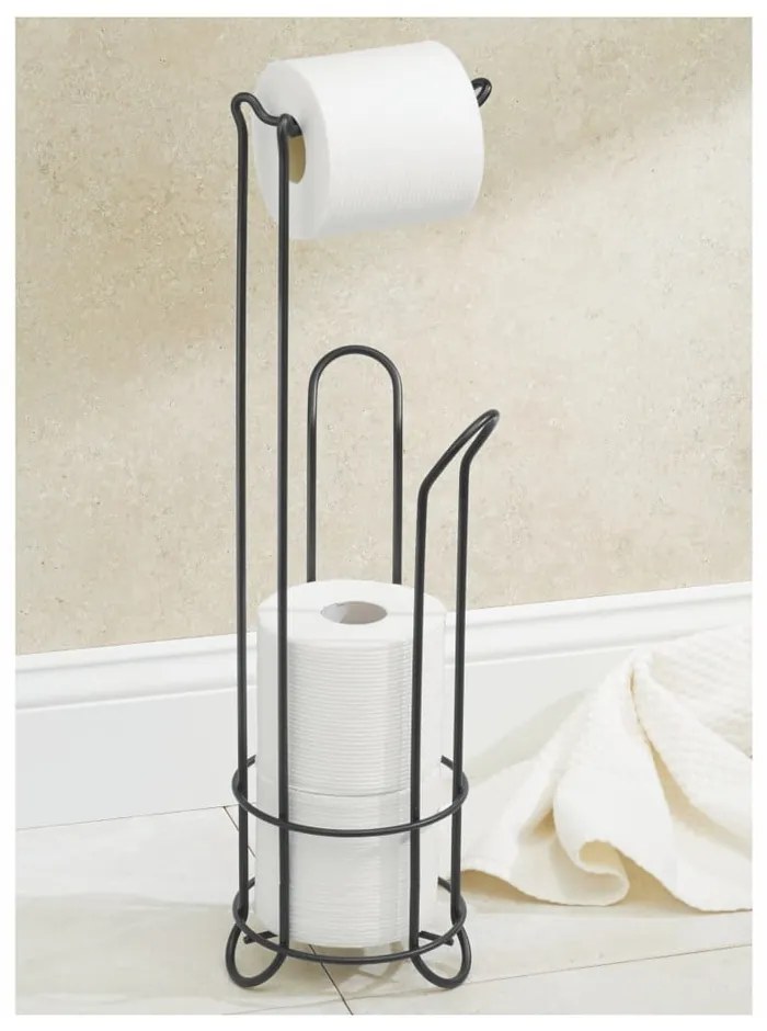 Suport din oțel cu tavă pentru hârtia igienică InterDesign, înălțime 65 cm, negru