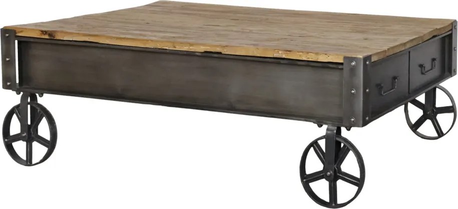 Măsuță de cafea pe roti din metal negru antichizat si blat din lemn masiv natur 122x81x22 cm, stil industrial, „Roulette"