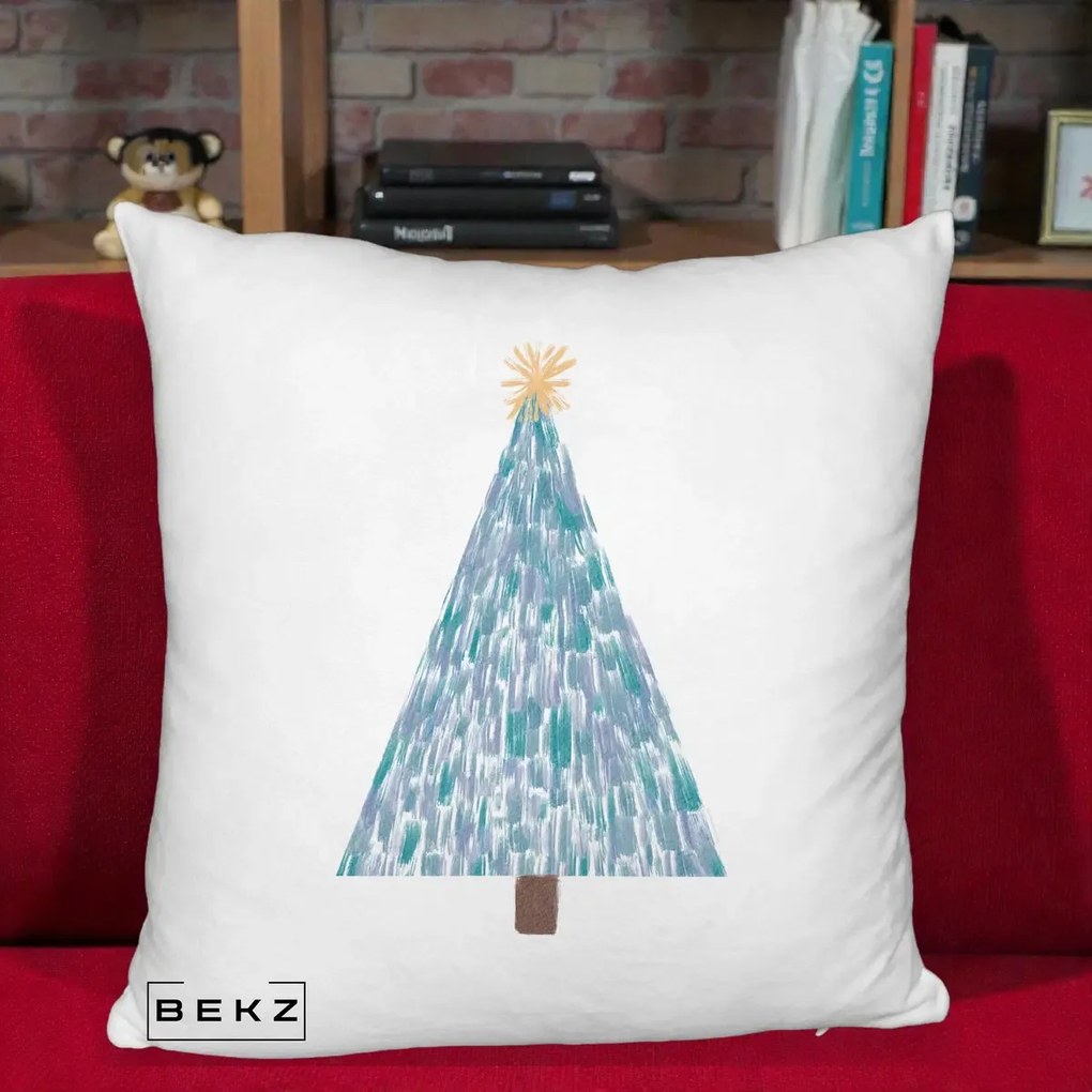 Perna Decorativa Brad de Craciun Acrilic Albastru, 40x40 cm, Alb Pufos, Husa Detasabila, Perna Inclusa, BEKZ®