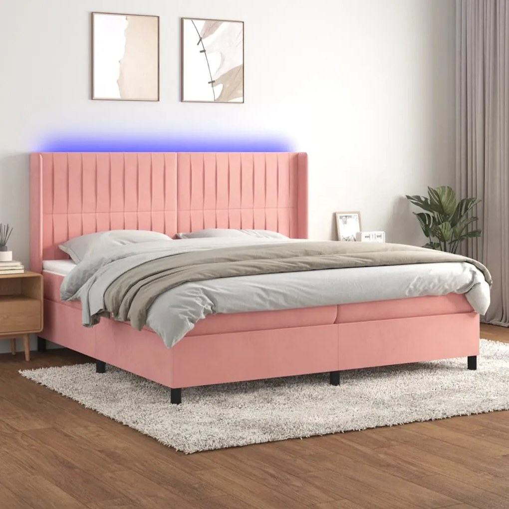 vidaXL Pat continental cu saltea &amp; LED, roz, 200x200 cm, catifea